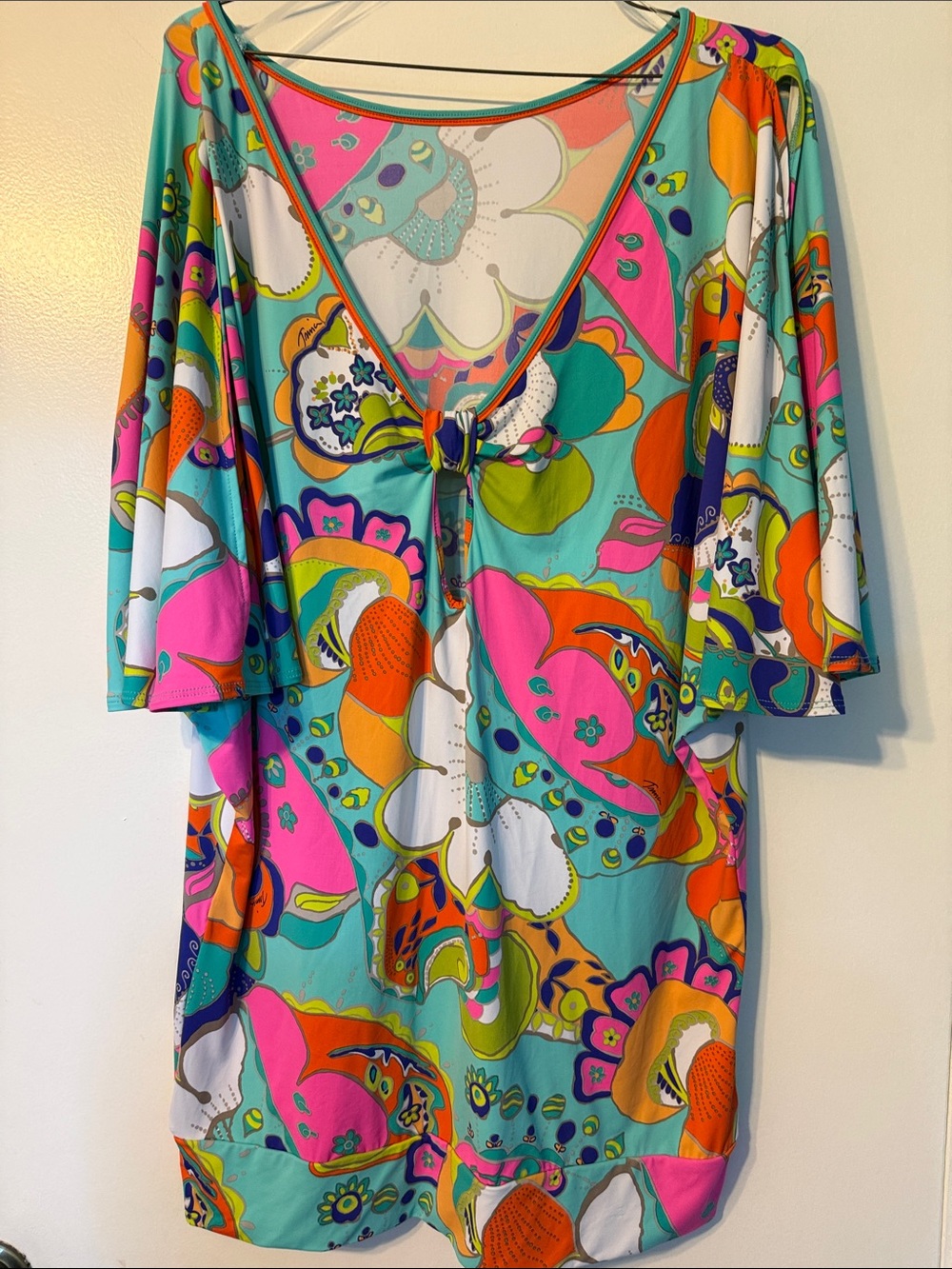 Trina Turk Vibrant Floral Tie-Front Tunic in Aqua & Pink
